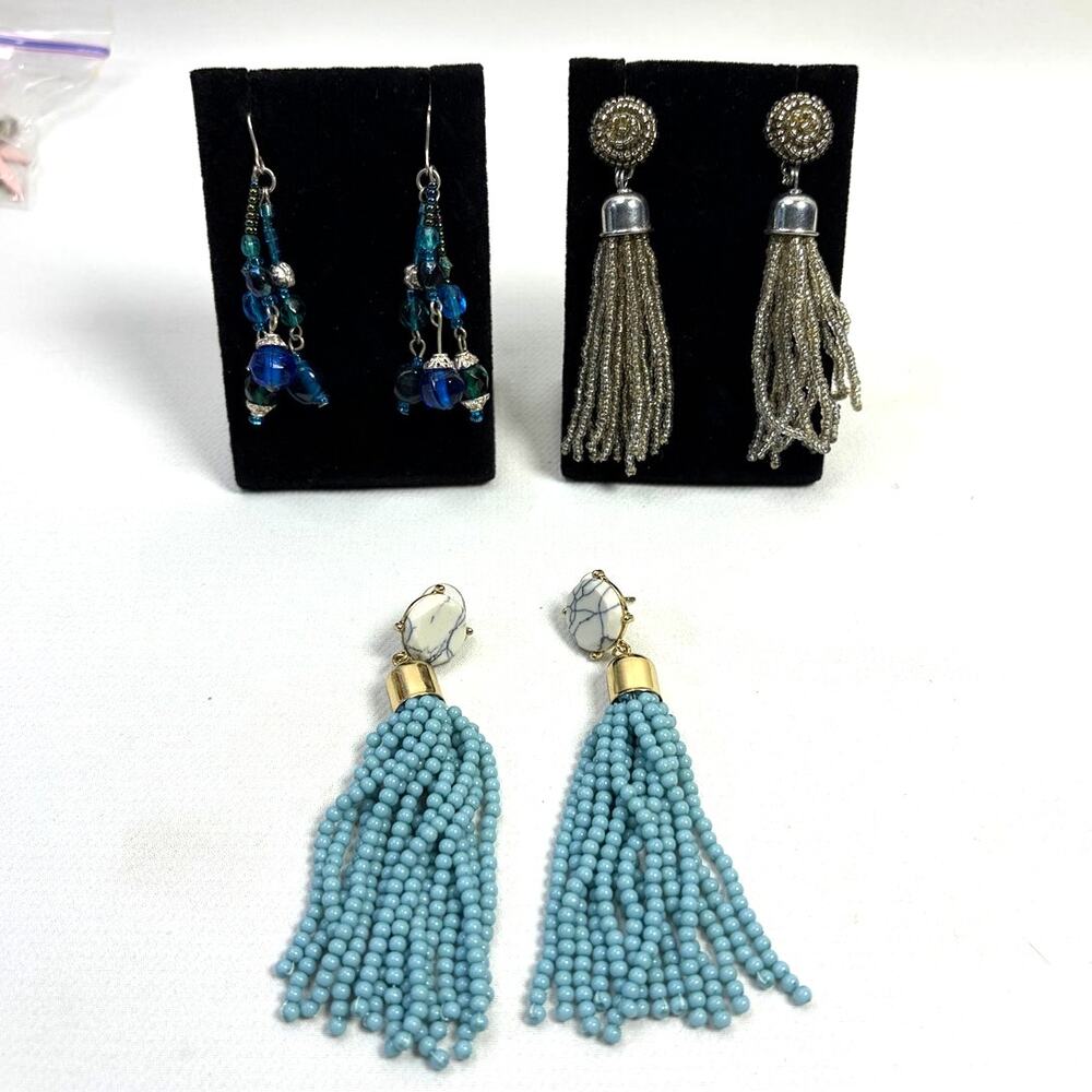 Vintage to Modern Earring Lot Beaded Tassel Pierced Ears 3 Pairs on Silver Tone